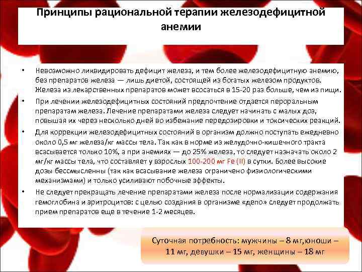 Принципы рациональной терапии железодефицитной анемии • • Невозможно ликвидировать дефицит железа, и тем более