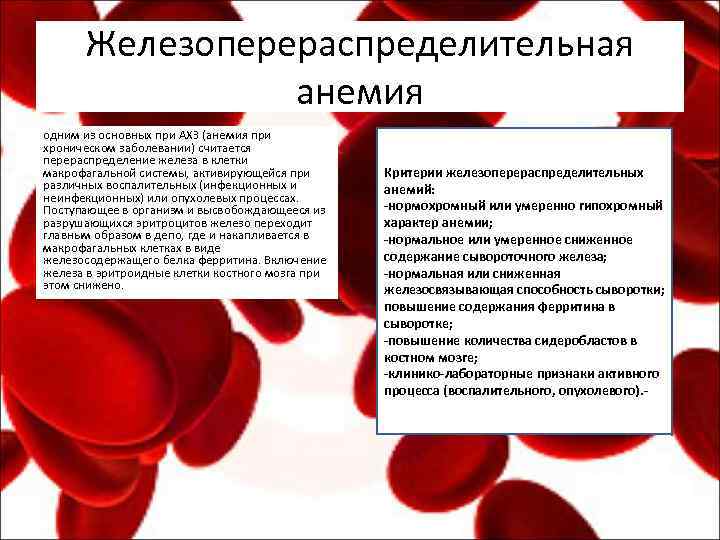 Железоперераспределительная анемия одним из основных при АХЗ (анемия при хроническом заболевании) считается перераспределение железа