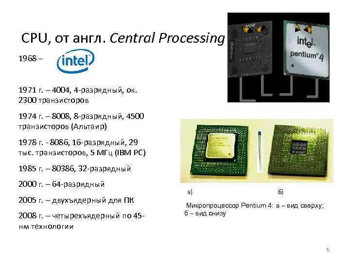 CPU, от англ. Central Processing Unit 1968 – 1971 г. – 4004, 4 -разрядный,