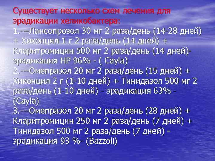 Существует несколько схем лечения для эрадикации хеликобактера: 1. ---Лансопрозол 30 мг 2 раза/день (14