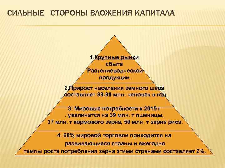 СИЛЬНЫЕ СТОРОНЫ ВЛОЖЕНИЯ КАПИТАЛА 1. Крупные рынки сбыта Растениеводческой продукции. 2. Прирост населения земного