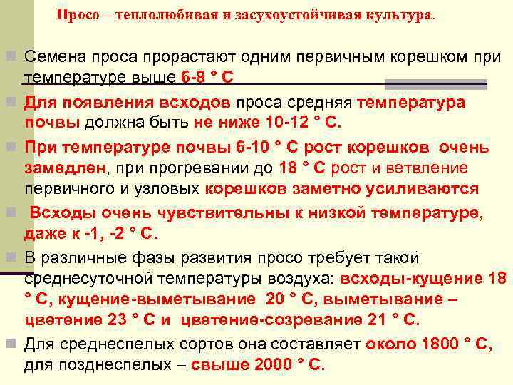 Просо – теплолюбивая и засухоустойчивая культура. n Семена проса прорастают одним первичным корешком при