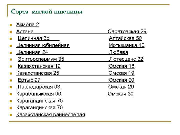 Сорта мягкой пшеницы n n n n Акмола 2 Астана Целинная 3 с Целинная