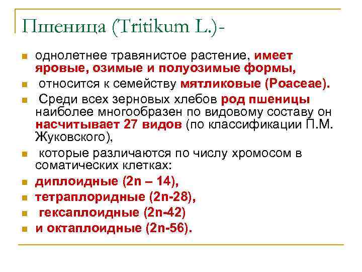 Пшеница (Tritikum L. )n n n n однолетнее травянистое растение, имеет яровые, озимые и