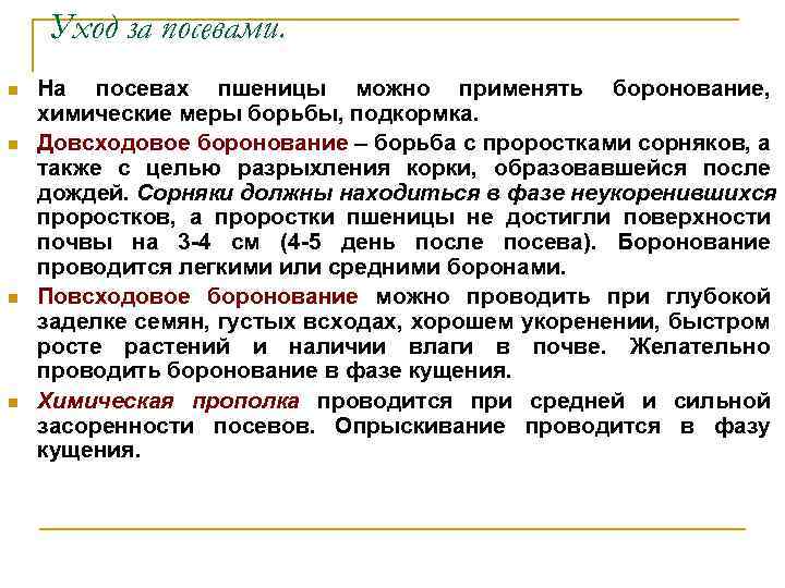 Уход за посевами. n n На посевах пшеницы можно применять боронование, химические меры борьбы,