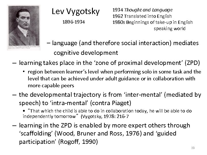 Lev Vygotsky 1896 -1934 Thought and Language 1962 Translated into English 1980 s Beginnings