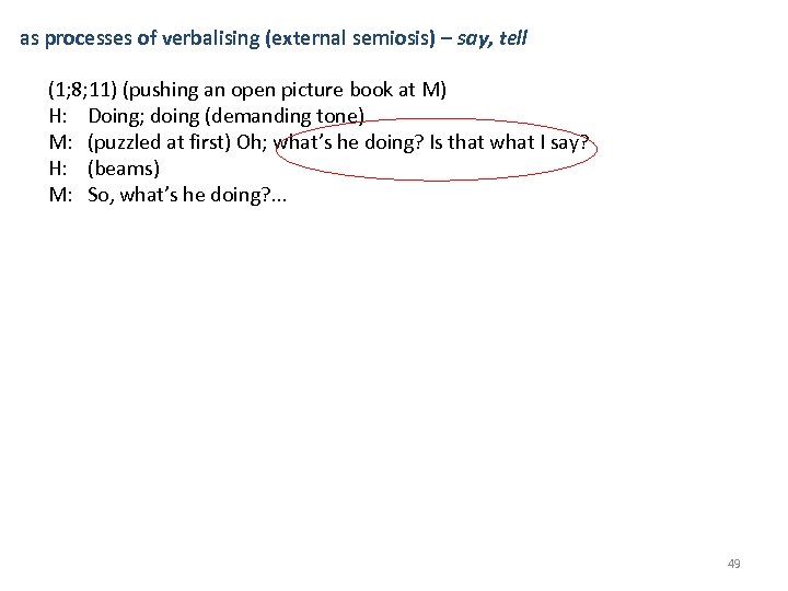 as processes of verbalising (external semiosis) – say, tell (1; 8; 11) (pushing an