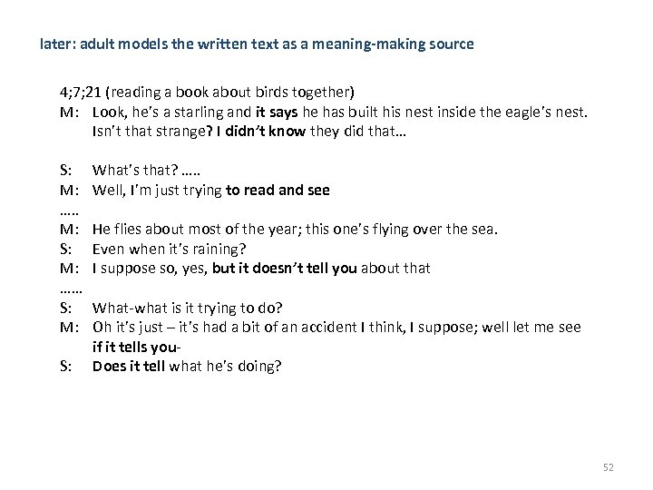 later: adult models the written text as a meaning-making source 4; 7; 21 (reading