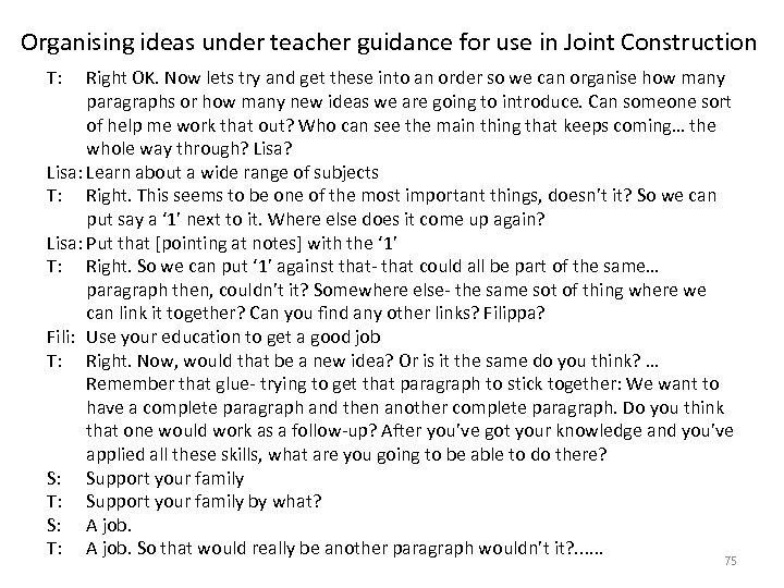 Organising ideas under teacher guidance for use in Joint Construction T: Right OK. Now
