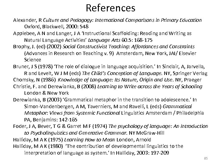 References Alexander, R Culture and Pedagogy: International Comparisons in Primary Education Oxford, Blackwell, 2000: