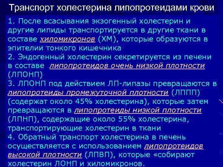 Транспорт холестерина липопротеидами крови 1. После всасывания экзогенный холестерин и другие липиды транспортируется в