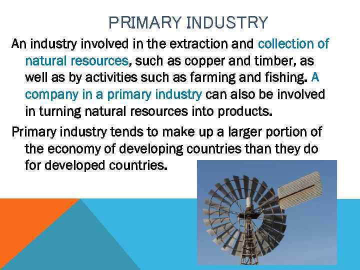 PRIMARY INDUSTRY An industry involved in the extraction and collection of natural resources, such