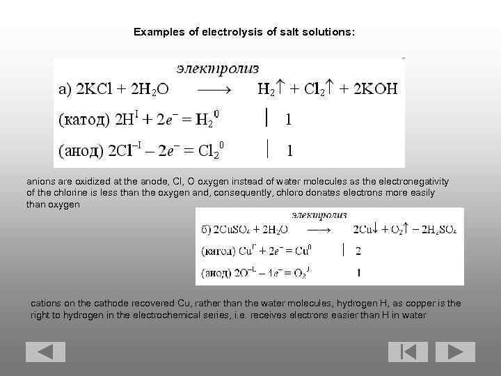  Examples of electrolysis of salt solutions: anions are oxidized at the anode, Cl,