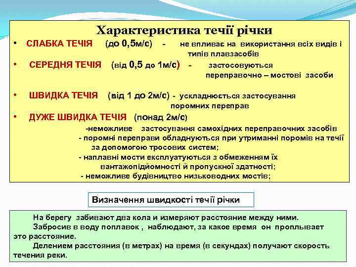 Характеристика течії річки • СЛАБКА ТЕЧІЯ • СЕРЕДНЯ ТЕЧІЯ • ШВИДКА ТЕЧІЯ • (до