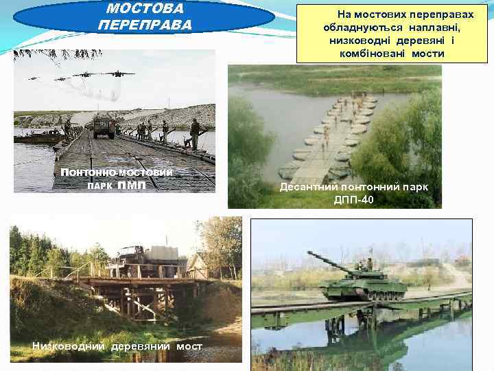 МОСТОВА ПЕРЕПРАВА ПОНТОННО-МОСТОВИЙ ПАРК ПМП Низководний деревяний мост На мостових переправах обладнуються наплавні, низководні
