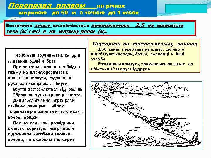 Переправа плавом на річках шириною до 60 м з течією до 1 м/сек Величина