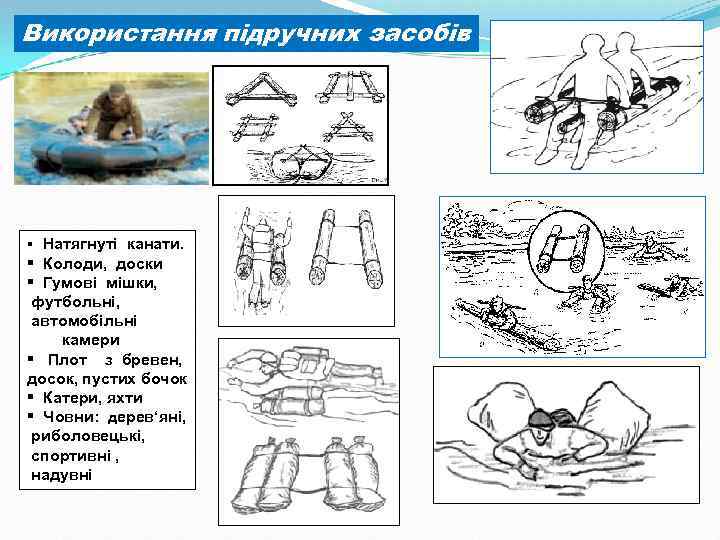 Використання підручних засобів Натягнуті канати. § Колоди, доски § Гумові мішки, футбольні, автомобільні камери