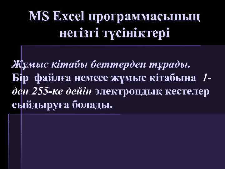 MS Excel программасының негізгі түсініктері Жұмыс кітабы беттерден тұрады. Бір файлға немесе жұмыс кітабына