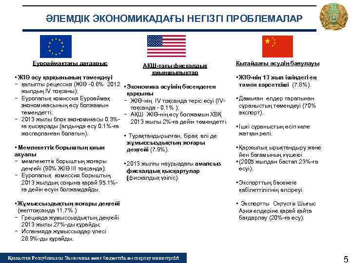 ӘЛЕМДІК ЭКОНОМИКАДАҒЫ НЕГІЗГІ ПРОБЛЕМАЛАР Еуроаймақтағы дағдарыс • ЖІӨ өсу қарқынының төмендеуі − қалыпты рецессия