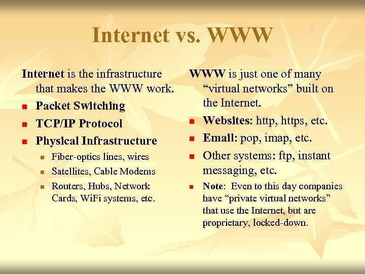 Internet vs. WWW Internet is the infrastructure that makes the WWW work. n Packet