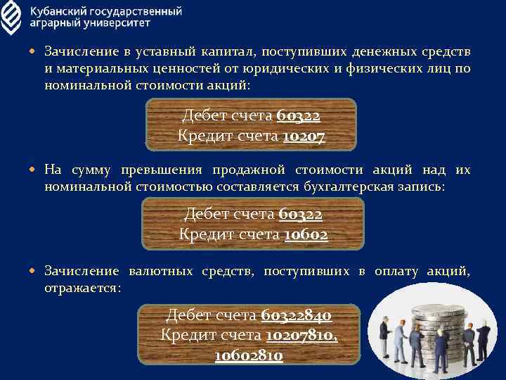  Зачисление в уставный капитал, поступивших денежных средств и материальных ценностей от юридических и