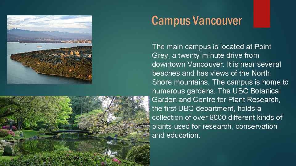 Campus Vancouver The main campus is located at Point Grey, a twenty-minute drive from