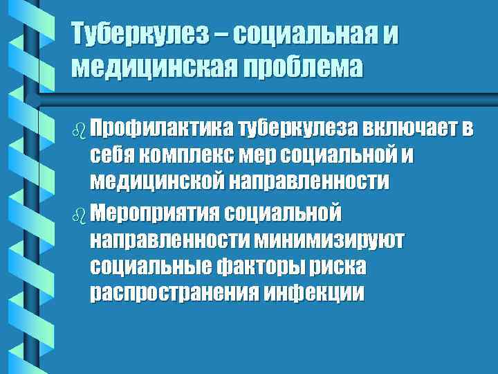 Туберкулез – социальная и медицинская проблема b Профилактика туберкулеза включает в себя комплекс мер