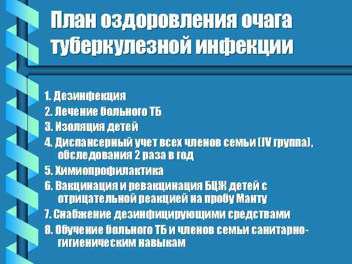 План оздоровления очага туберкулезной инфекции 1. Дезинфекция 2. Лечение больного ТБ 3. Изоляция детей