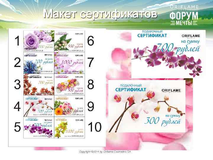 Макет сертификатов Copyright © 2014 by Oriflame Cosmetics SA 