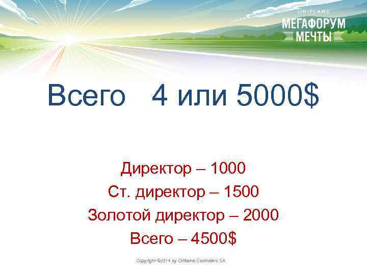 Всего 4 или 5000$ Директор – 1000 Ст. директор – 1500 Золотой директор –