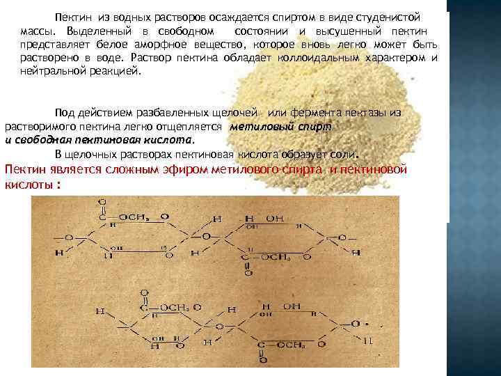 Пектин из водных растворов осаждается спиртом в виде студенистой массы. Выделенный в свободном состоянии