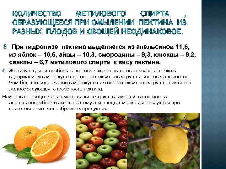 КОЛИЧЕСТВО МЕТИЛОВОГО СПИРТА , ОБРАЗУЮЩЕЕСЯ ПРИ ОМЫЛЕНИИ ПЕКТИНА ИЗ РАЗНЫХ ПЛОДОВ И ОВОЩЕЙ НЕОДИНАКОВОЕ.