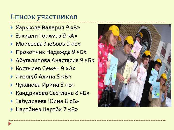 Список участников Харькова Валерия 9 «Б» Захидли Горхмаз 9 «А» Моисеева Любовь 9 «Б»