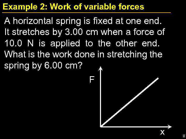 Example 2: Work of variable forces A horizontal spring is fixed at one end.