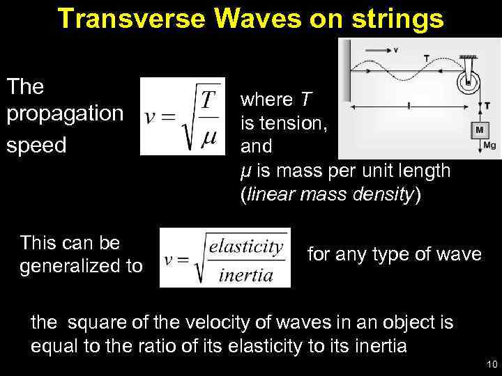 Transverse Waves on strings The propagation speed This can be generalized to where T