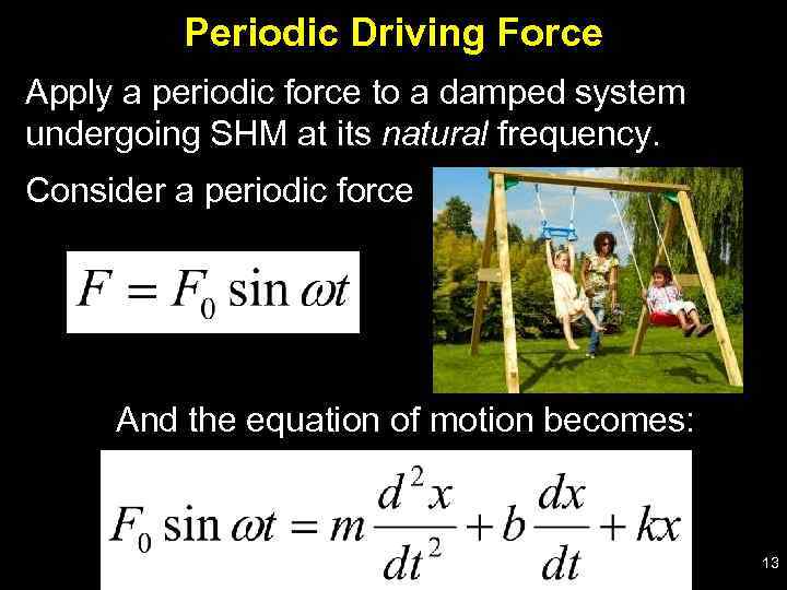 Periodic Driving Force Apply a periodic force to a damped system undergoing SHM at