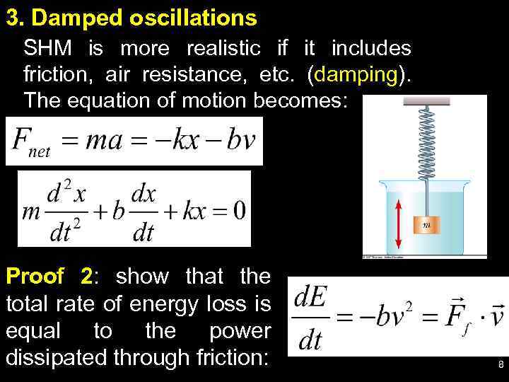 3. Damped oscillations SHM is more realistic if it includes friction, air resistance, etc.