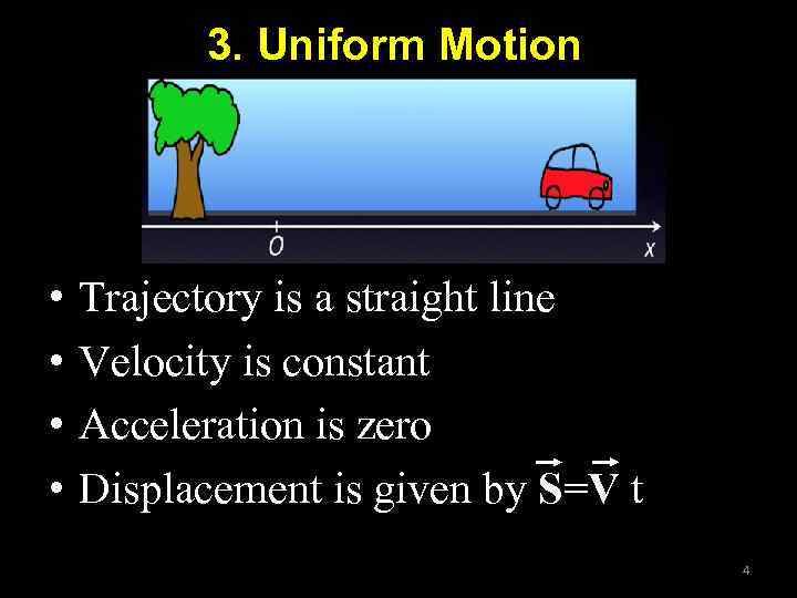 3. Uniform Motion • • Trajectory is a straight line Velocity is constant Acceleration