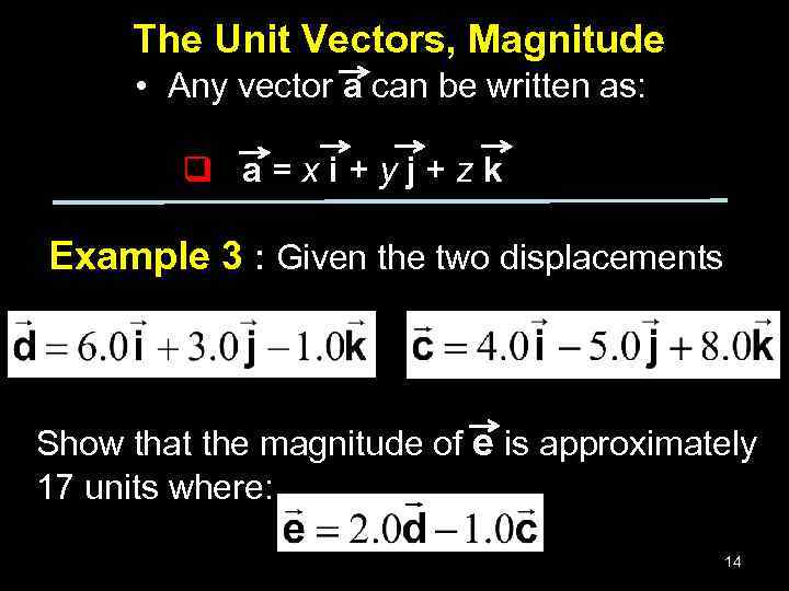 The Unit Vectors, Magnitude • Any vector a can be written as: q a=xi+yj+zk
