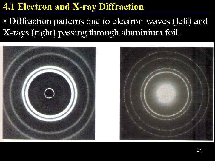 4. 1 Electron and X-ray Diffraction • Diffraction patterns due to electron-waves (left) and
