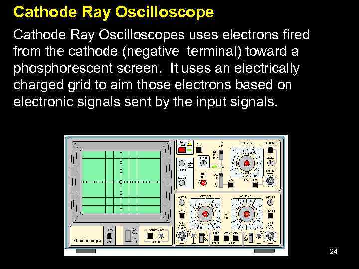 Cathode Ray Oscilloscopes uses electrons fired from the cathode (negative terminal) toward a phosphorescent