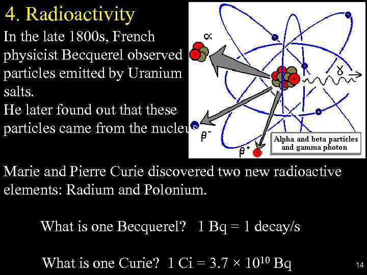 4. Radioactivity In the late 1800 s, French physicist Becquerel observed particles emitted by