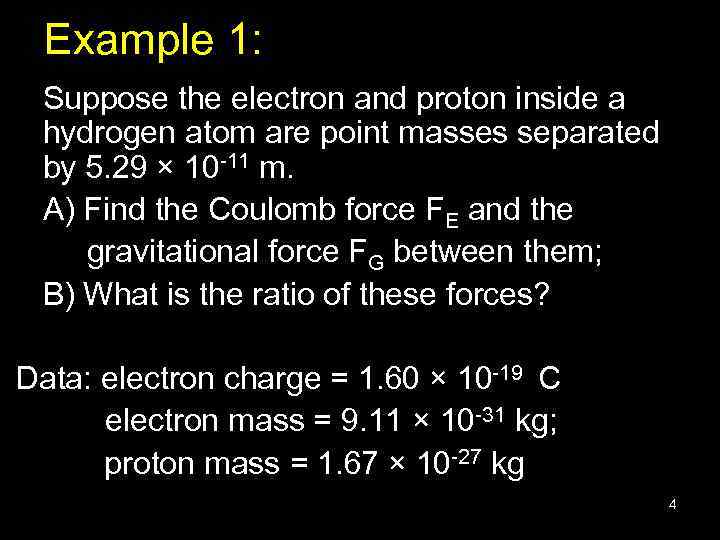 Example 1: Suppose the electron and proton inside a hydrogen atom are point masses