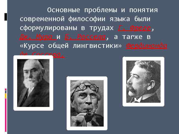 Основные проблемы и понятия современной философии языка были сформулированы в трудах Г. Фреге, Дж.