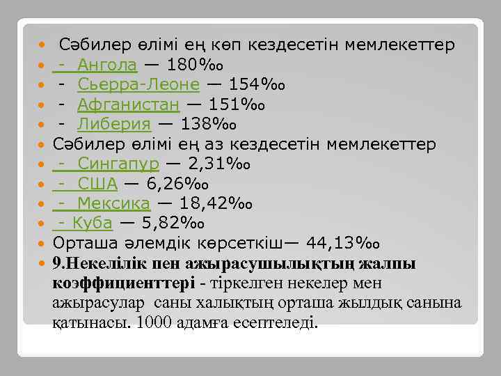  Сәбилер өлімі ең көп кездесетін мемлекеттер - Ангола — 180‰ - Сьерра-Леоне —