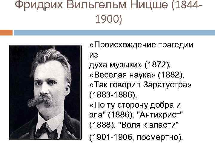 Фри дрих Ви льгельм Ни цше (18441900) «Происхождение трагедии из духа музыки» (1872), «Beceлая