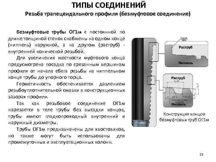 ТИПЫ СОЕДИНЕНИЙ Резьба трапецеидального профиля (безмуфтовое соединение) Безмуфтовые трубы ОГ 1 м с постоянной