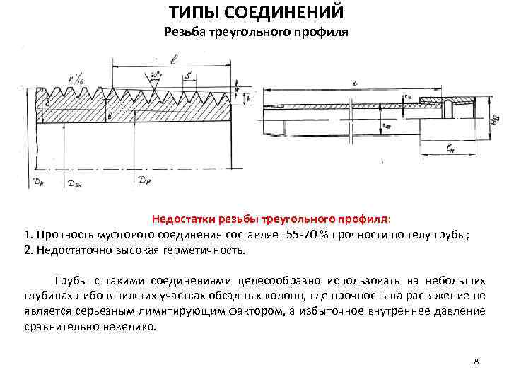 ТИПЫ СОЕДИНЕНИЙ Резьба треугольного профиля Недостатки резьбы треугольного профиля: 1. Прочность муфтового соединения составляет