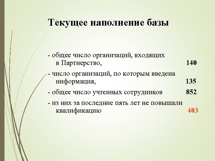 Текущее наполнение базы - общее число организаций, входящих в Партнерство, 140 - число организаций,