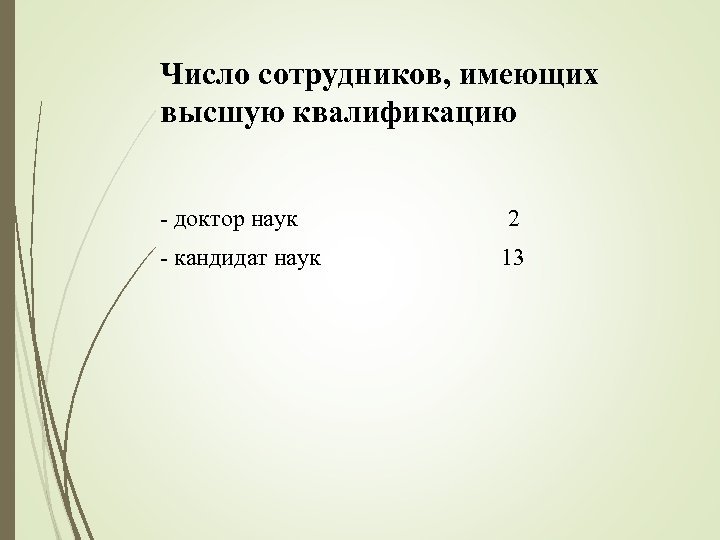 Число сотрудников, имеющих высшую квалификацию - доктор наук 2 - кандидат наук 13 